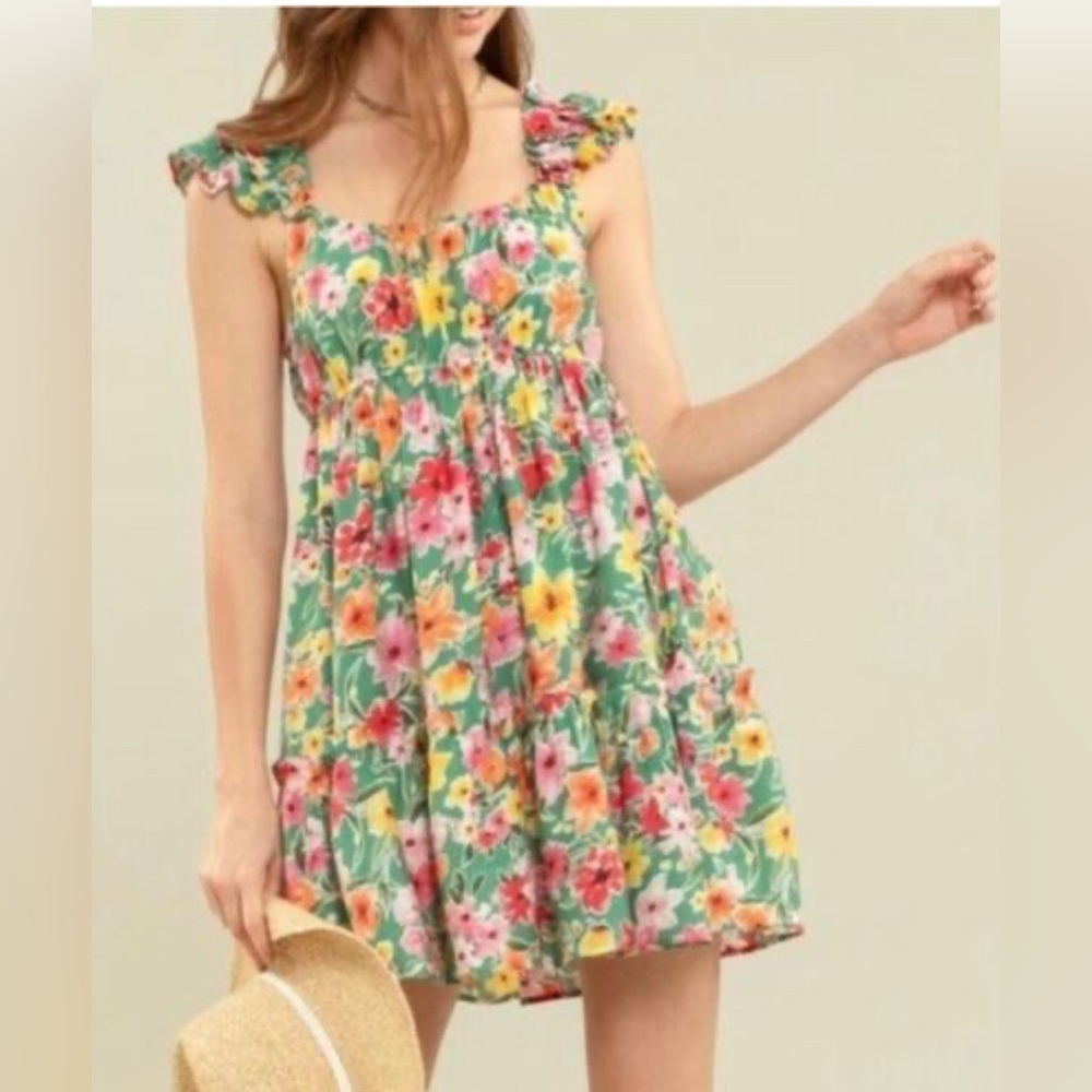 Anthropologie Blu Pepper Pink & Green Empire Waist Dress w/Ruffled Sleeves Small